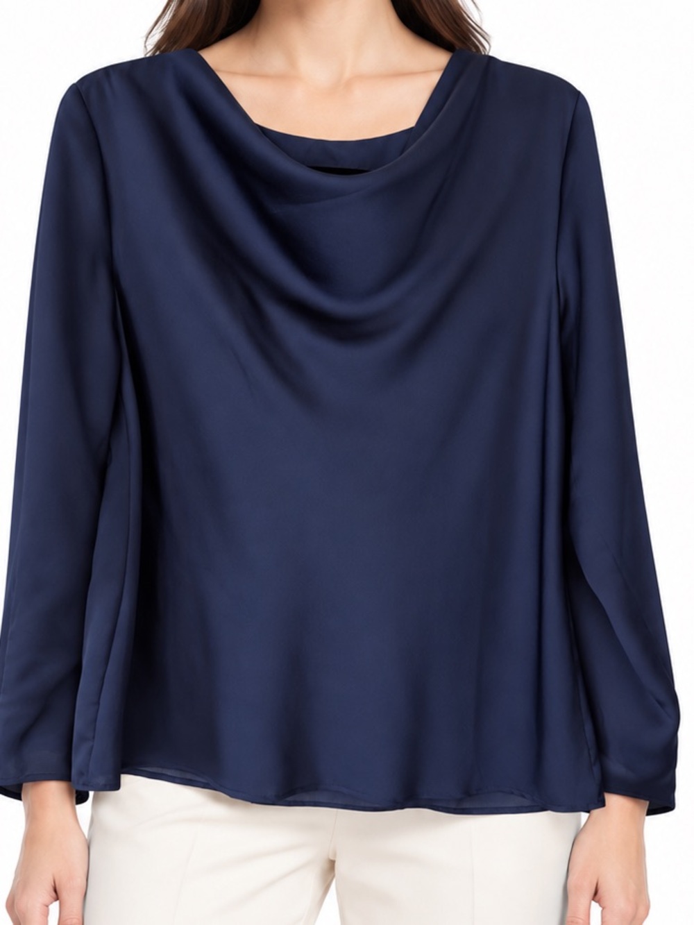 Ann Taylor Draped Blouse navy blue long sleeve size M